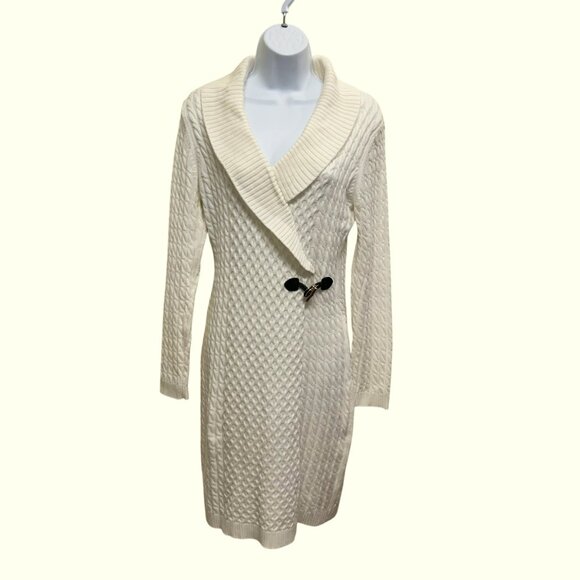 Calvin Klein Cream Cable Knit Long Sleeve Sweater Dress Size M Knee Length - Picture 1 of 9